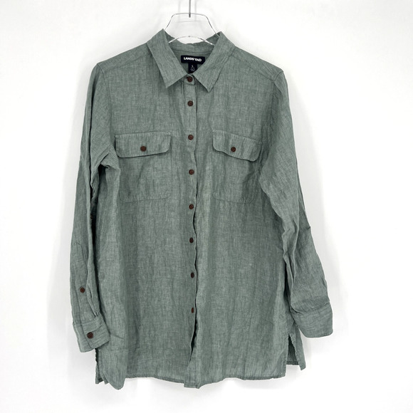 Lands End Top Womens L Linen Green Button Up Lightweight Classic Capsule - Picture 1 of 6